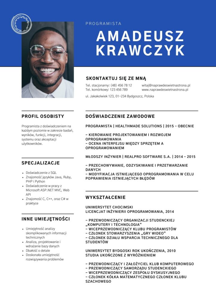 Przykładowy wzór CV z artykułu "Jak napisać CV", przedstawiający profil kandydata o imieniu Amadeusz Krawczyk.