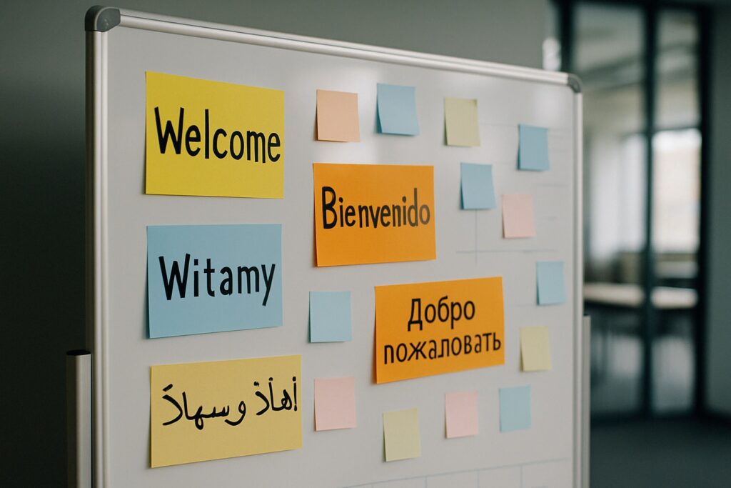 Kolorowe karteczki z napisem „Witamy” w różnych językach – symbol różnorodności kulturowej w zespole.