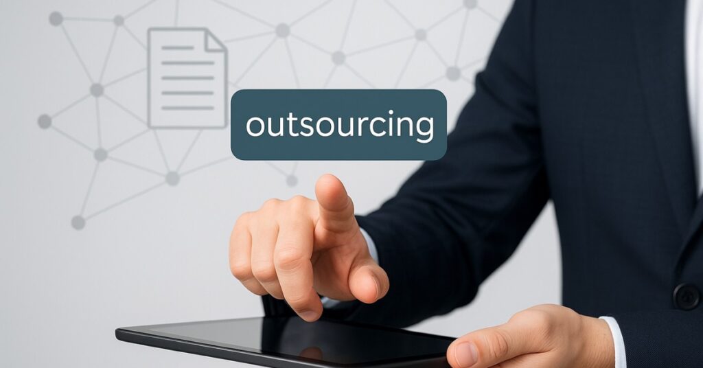 Osoba wskazująca na słowo outsourcing jako sposób na zatrudnianie cudzoziemców w 2025 roku