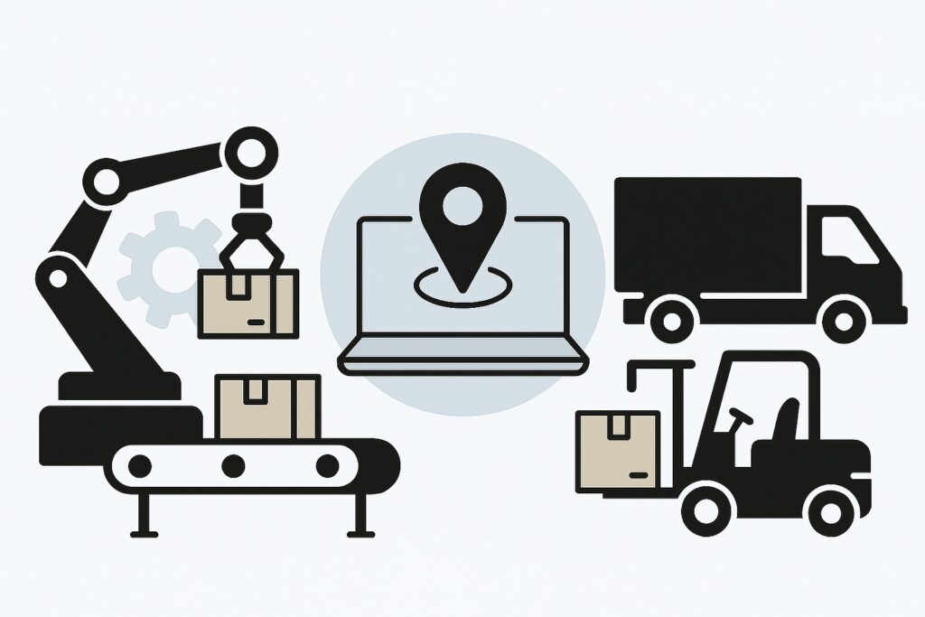Ilustracja przedstawiająca zautomatyzowaną linię produkcyjną z ramieniem robota oraz działania logistyczne z wózkiem widłowym i ciężarówką.