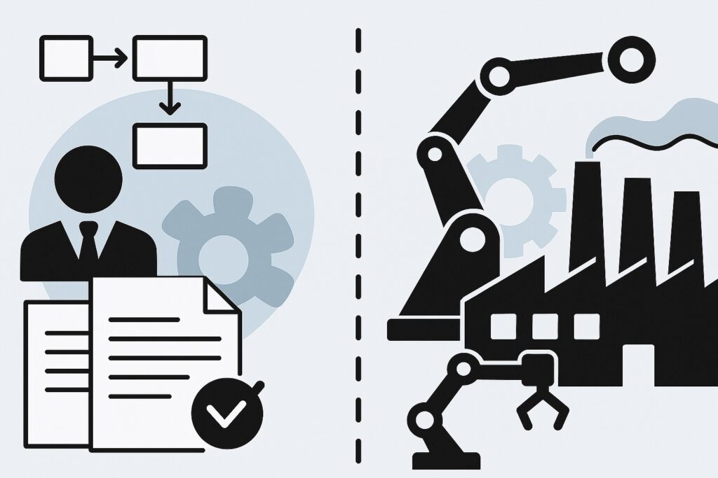 Ilustracja przedstawiająca podział procesów – biurowych i produkcyjnych – z ikonami dokumentów, schematów, fabryki i ramienia robota.